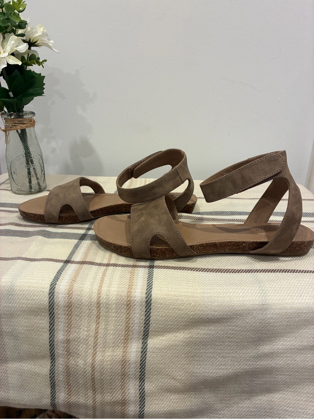 Adam Tucker Taupe Suede Ankle-Strap Sandals - Picture 4 of 7